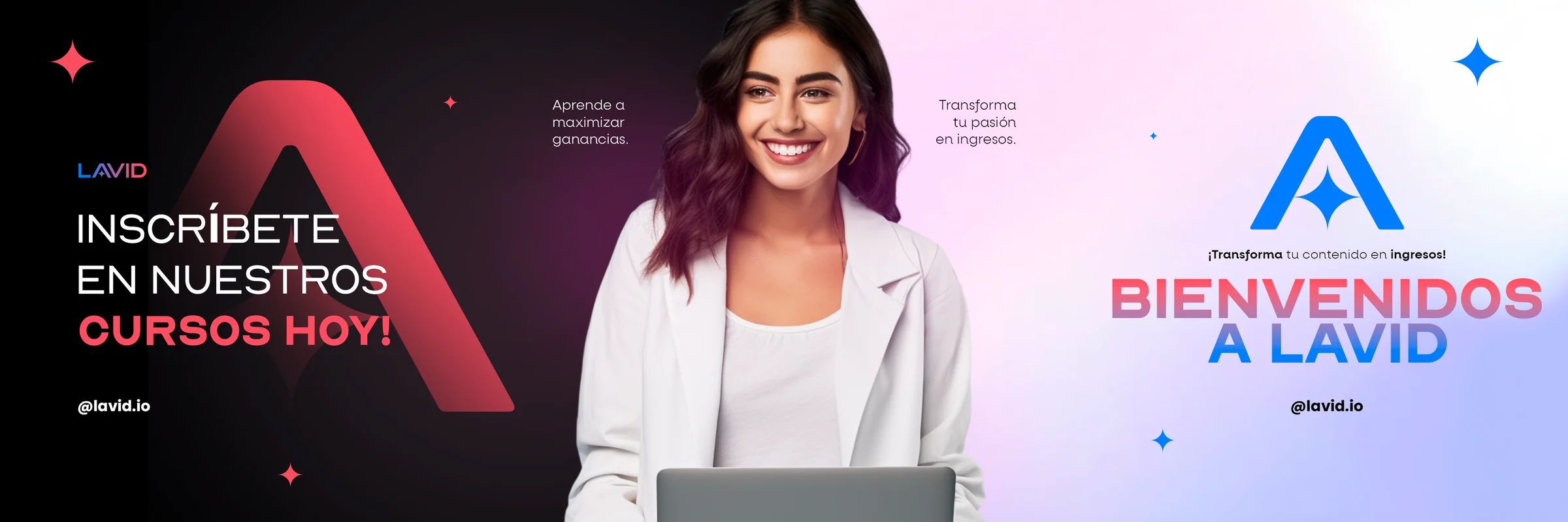 Cabecera horizontal: a la izquierda, sobre negro, una A coral gigante y la llamada INSCRÍBETE EN NUESTROS CURSOS HOY; en el centro, una mujer recortada ante un portátil; a la derecha, sobre degradado rosa, BIENVENIDOS A LAVID bajo el logotipo