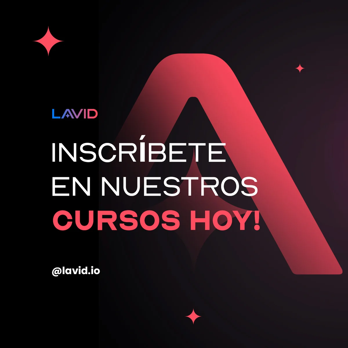 Pieza cuadrada en negro con una A coral gigante al fondo y el titular INSCRÍBETE EN NUESTROS CURSOS HOY
