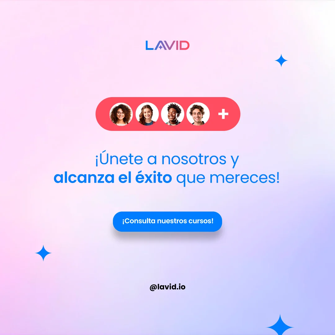 Fondo claro, una pastilla coral de cuatro caras, el titular en caja baja y un botón de consulta de cursos