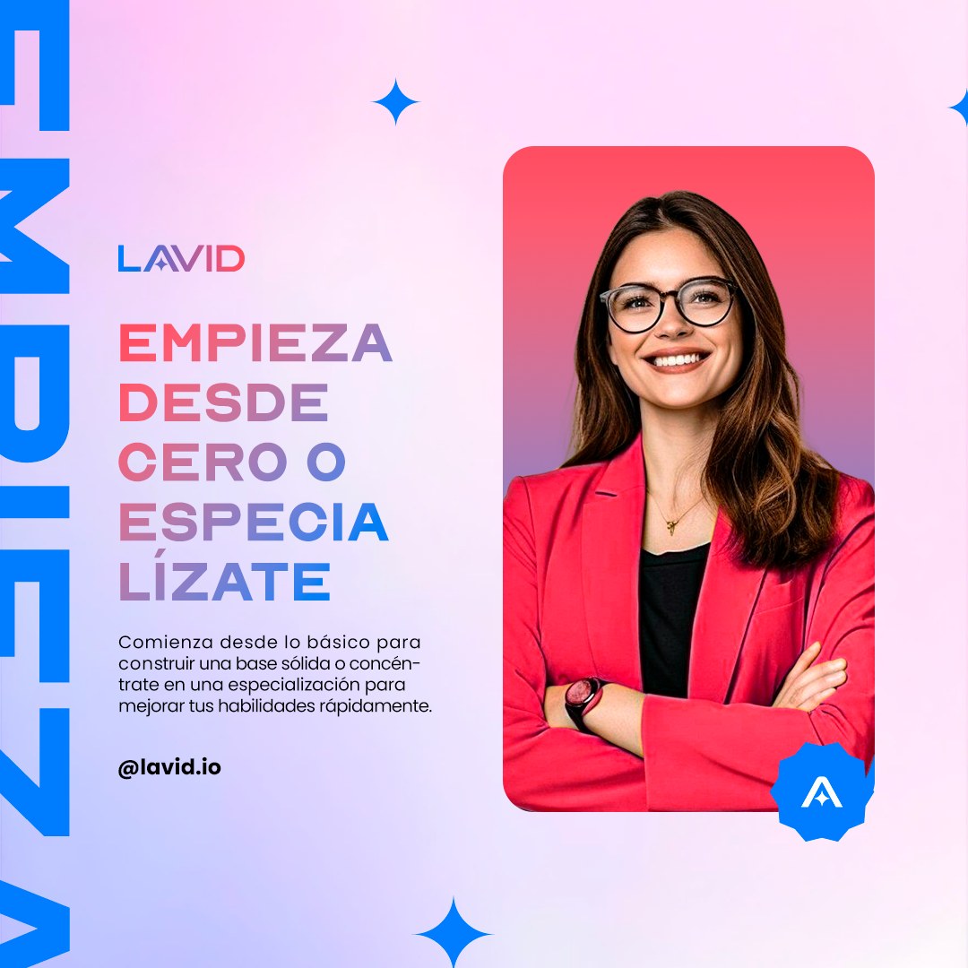Mujer de gafas y chaqueta coral a la derecha de un titular de cinco líneas en degradado; a la izquierda, la palabra EMPIEZA girada y cortada por el borde