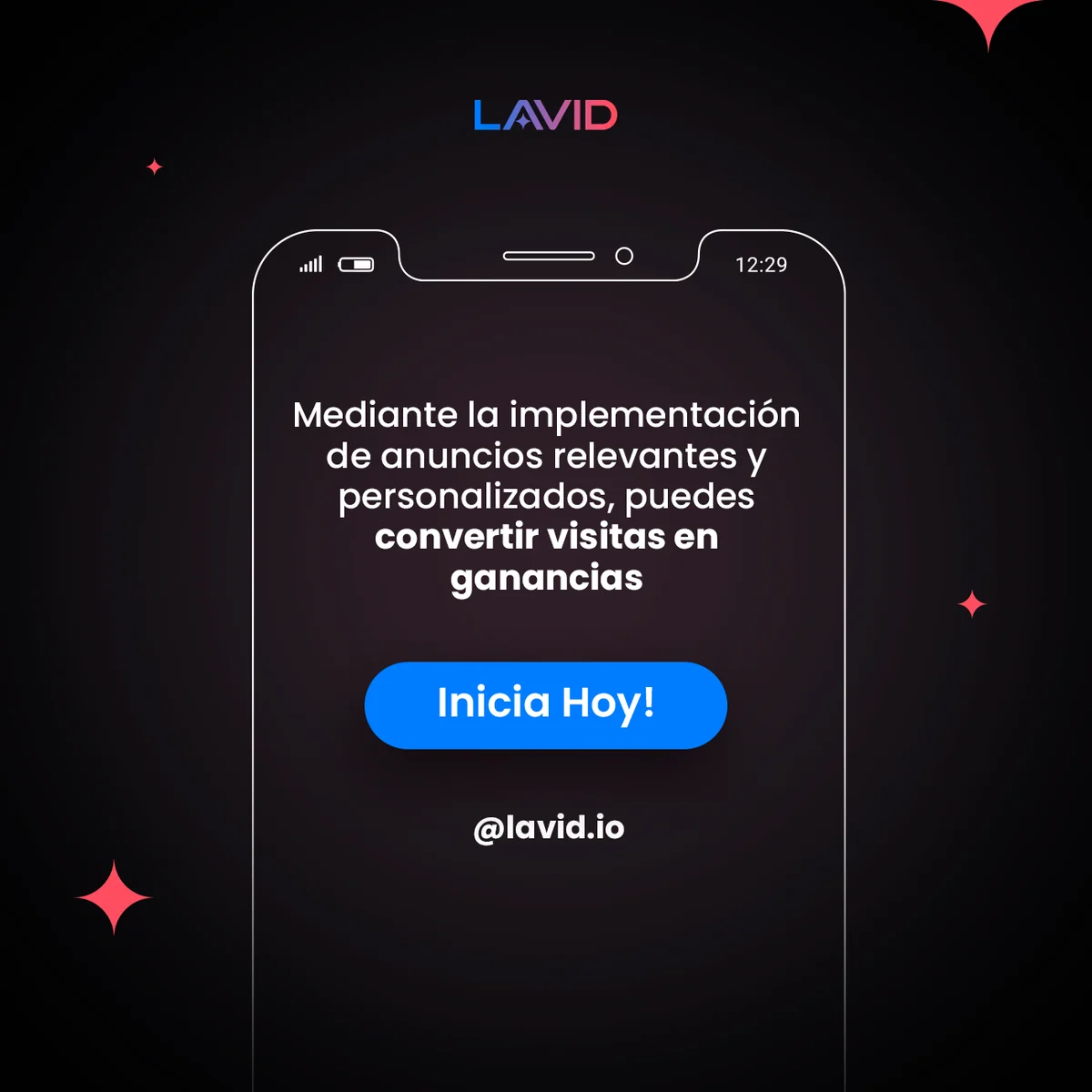Móvil dibujado a línea sobre negro, con un párrafo blanco y un botón azul dentro