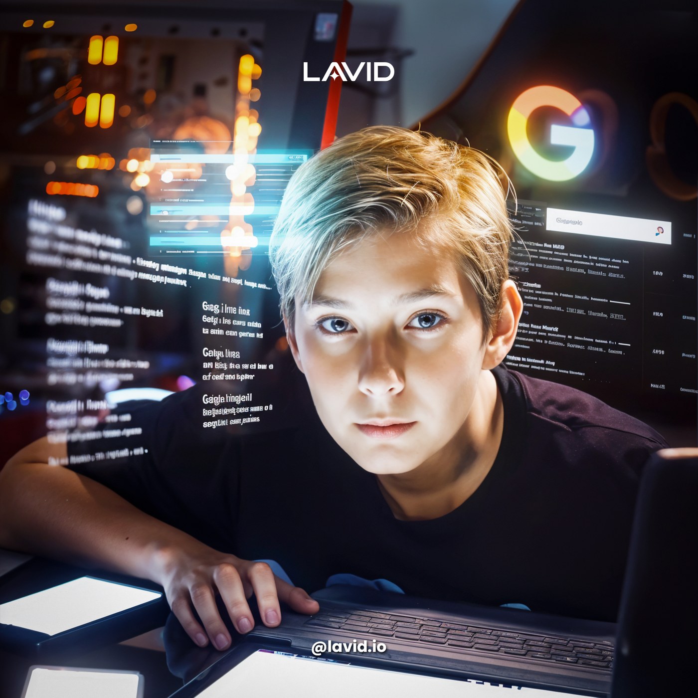Chico ante pantallas de interfaz encendidas, con el logotipo de Google al fondo y el de LAVID arriba