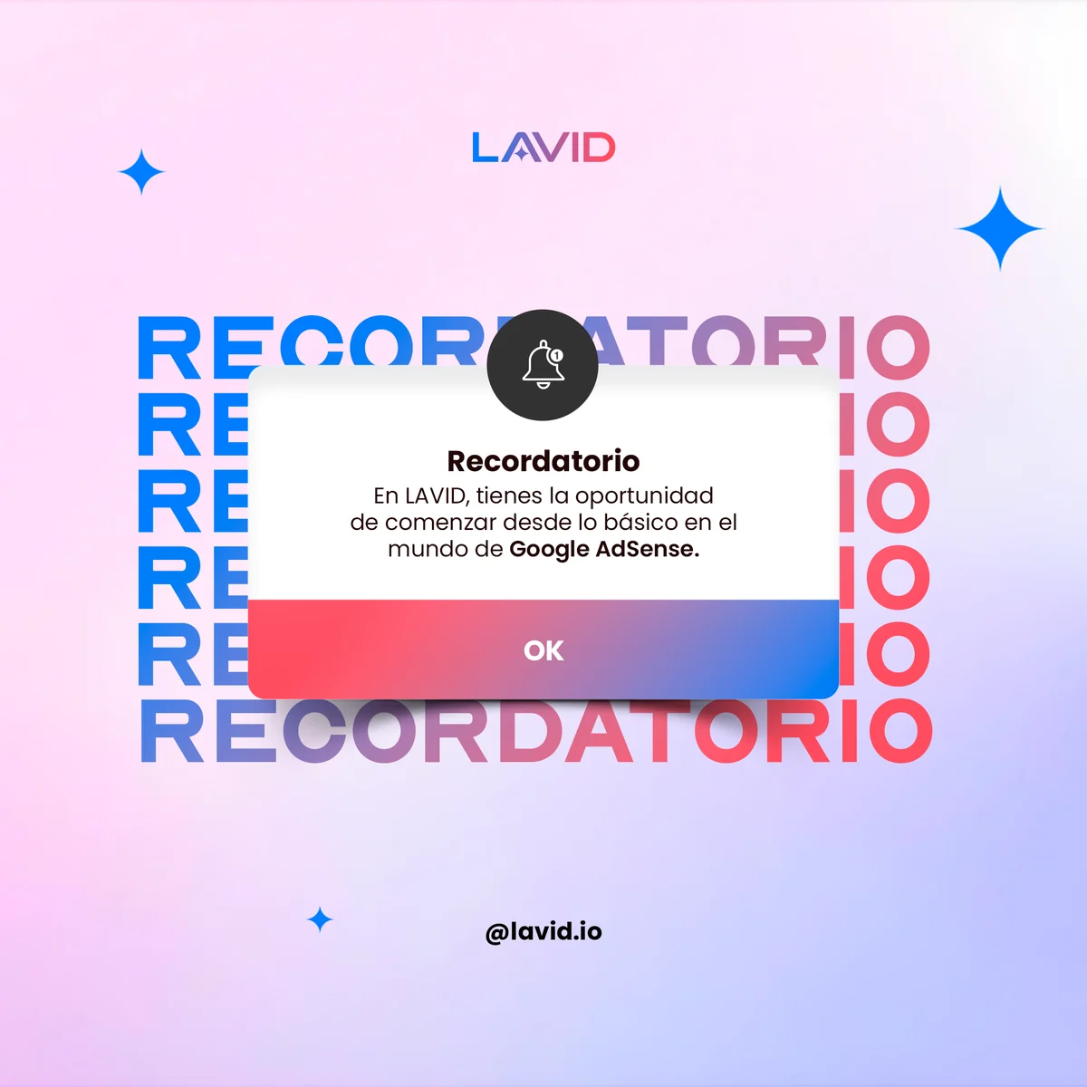 La palabra RECORDATORIO repetida seis veces como trama, con un aviso del sistema encima, un icono de campana y un botón OK en degradado