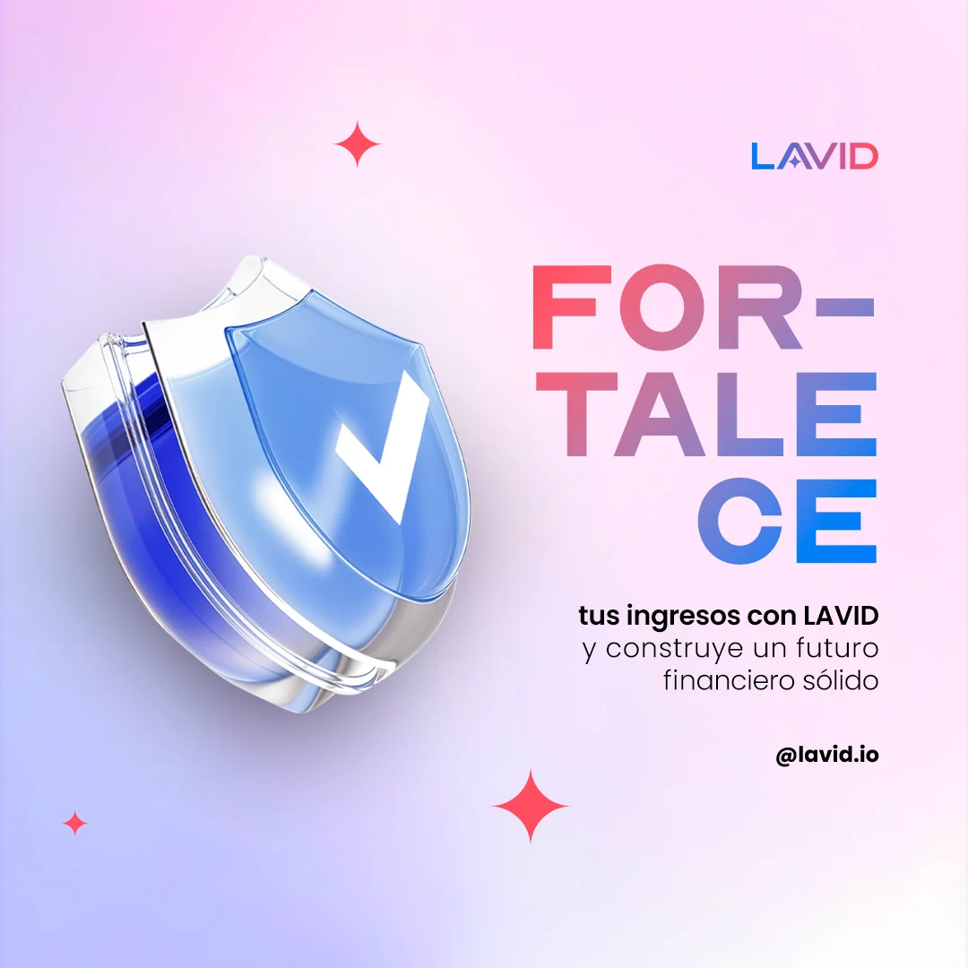 Escudo de vidrio azul con un visto, junto a la palabra FORTALECE partida en tres líneas en degradado