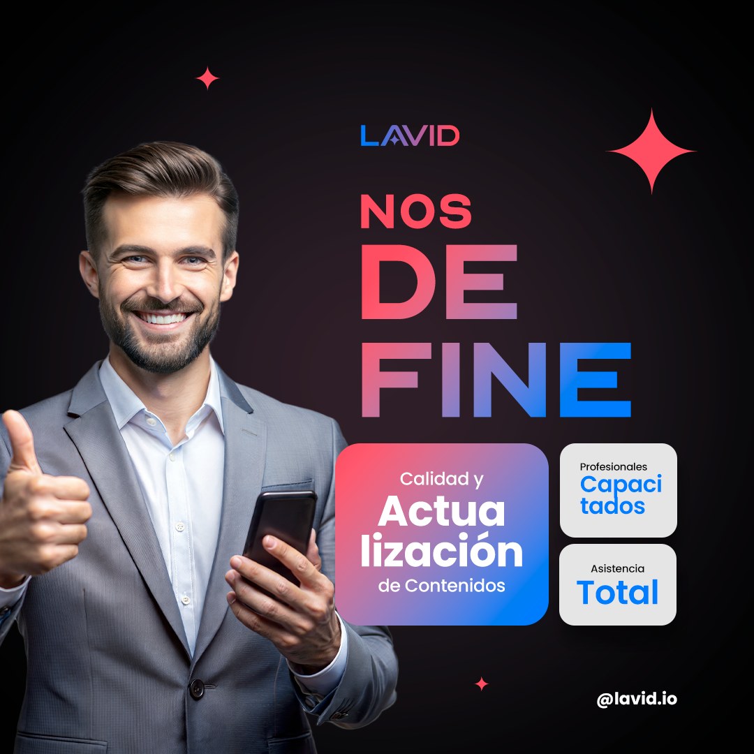 Hombre de traje con el móvil en una mano y el pulgar arriba de la otra, junto al titular NOS DEFINE en tres líneas y tres tarjetas de texto