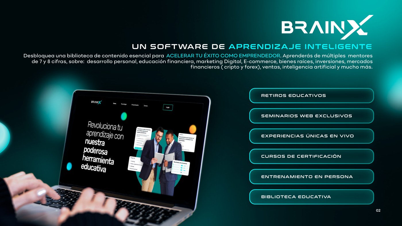 Página del software BrainX con un portátil y una lista de servicios sobre fondo oscuro